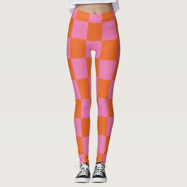 Legging Padrão Verificado Cor-de-Rosa e Laranja (Frente)