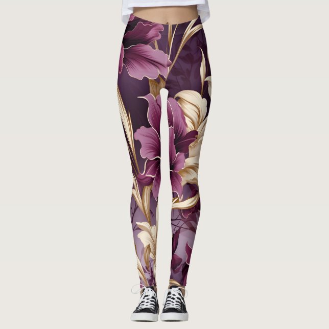 Legging Padrão Violet Dourado de orquídeas (Frente)