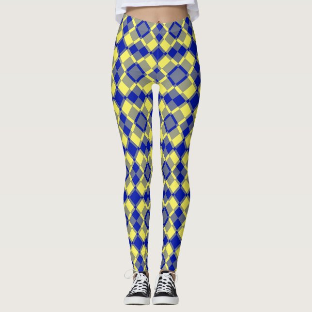 Legging Padrão Xadrez Argyle Azul Amarelo (Frente)