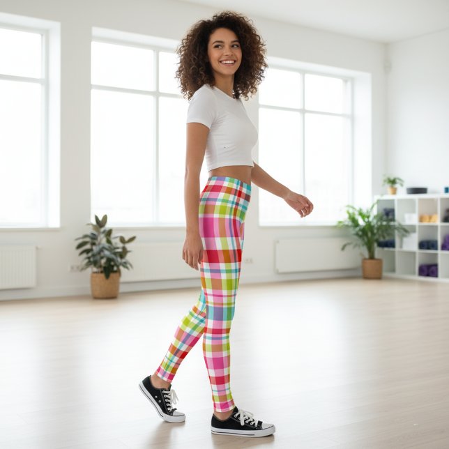Legging Padrão Xadrez de Arco-Íris Brilhante  (Criador carregado)