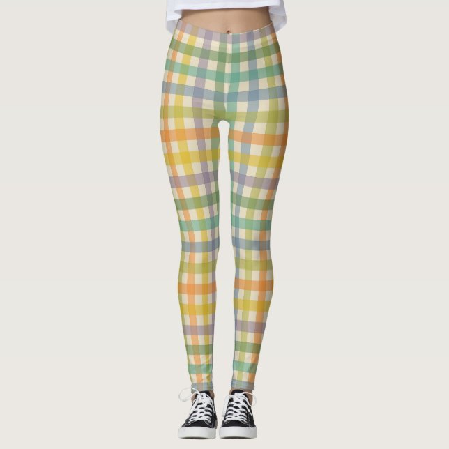 Legging Padrão Xadrez de Primavera em Laranja Verde e Marr (Frente)