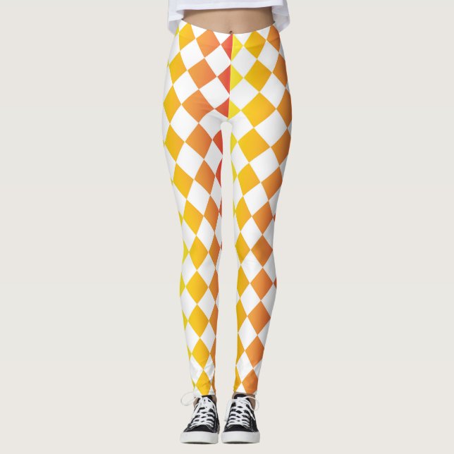 Legging Padrão Xadrez Diamante Gradiente Laranja Amarelo V (Frente)