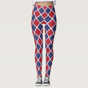 Legging Padrão Xadrez Diamante Harlequim Branco Azul Verme