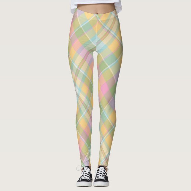 Legging Padrão Xadrez Dourado, Rosa, Verde e Azul (Frente)