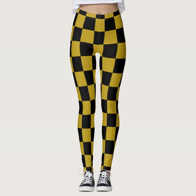 Legging Padrão Xadrez em Folha Dourada e Preta (Frente)
