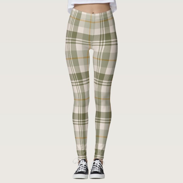 Legging Padrão Xadrez Neutro em Verde Salvia (Frente)