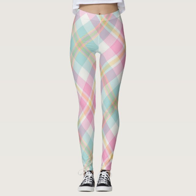 Legging Padrão Xadrez Rosa, Azul, Verde e Dourado (Frente)
