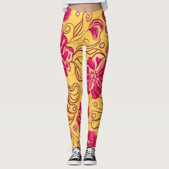 Legging Padrões Bonitos de Flores Rosa Suave (Frente)