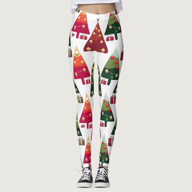 Legging Padrões de Árvores de Natal Coloridas (Frente)