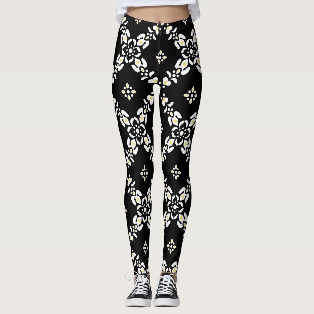 Legging padrões de cinza folhas de flores (Frente)