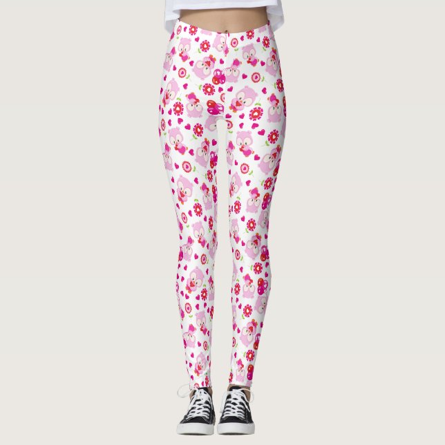 Legging Padrões De Corujas, Corujas Frescas, Corujas Rosa, (Frente)
