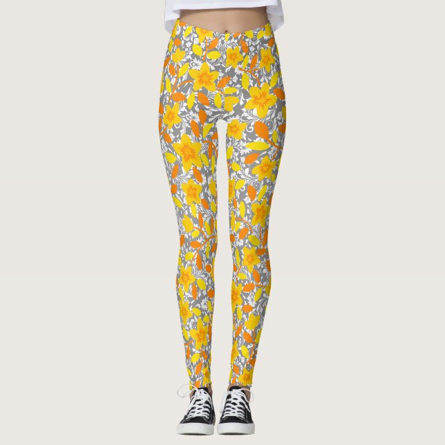 Legging Padrões de flores brancas, cor de laranja-acinzent (Frente)