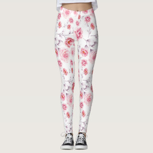 Legging Padrões de flores cor-de-rosa sobre leggens branca