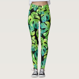 Legging Padrões de folha tropical Praia Yoga Black
