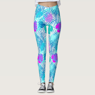 Legging Padrões de folhas tropicais azuis e cor-de-rosa