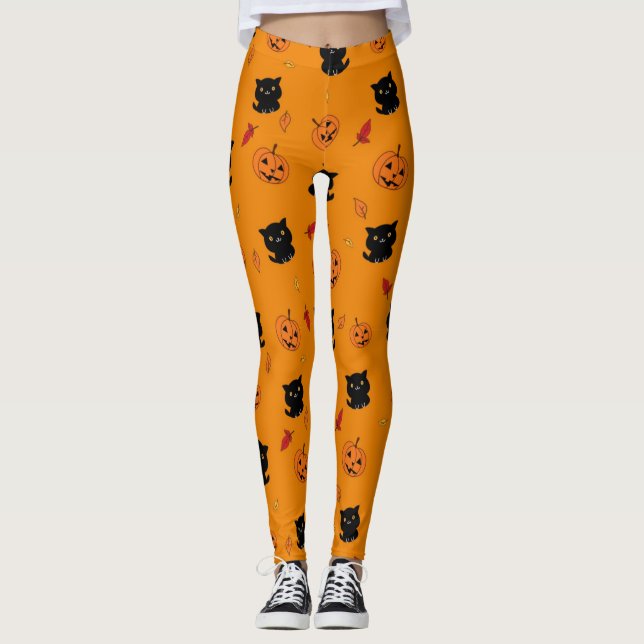 Legging Padrões De Gatos Pretos E Abóboras Do Halloween (Frente)
