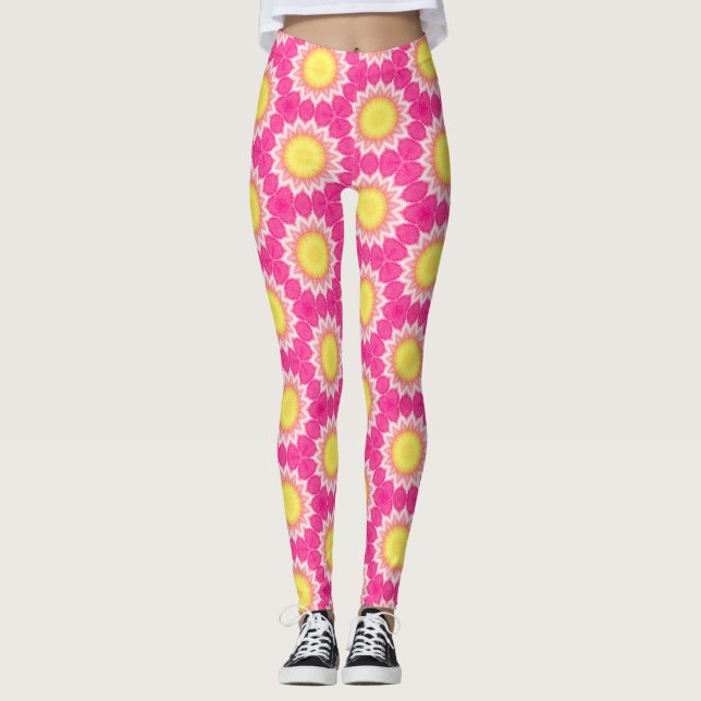 Legging Padrões de girassol cor-de-rosa e amarelo - Pernas (Frente)