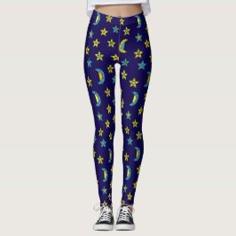 Legging Padrões de Joias Azuis Amarelas e Estrelas