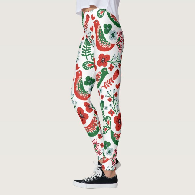Legging Padrões de Natal escandinavos com flores e aves (Esquerda)
