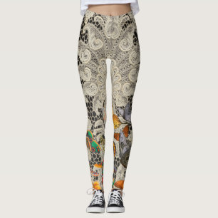 LEGGING PADRÕES DE PADRÕES DE LACE ANTICOS PRETOS