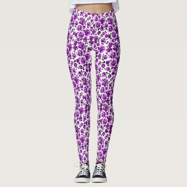 Legging Padrões de rosa violeta branca (Frente)