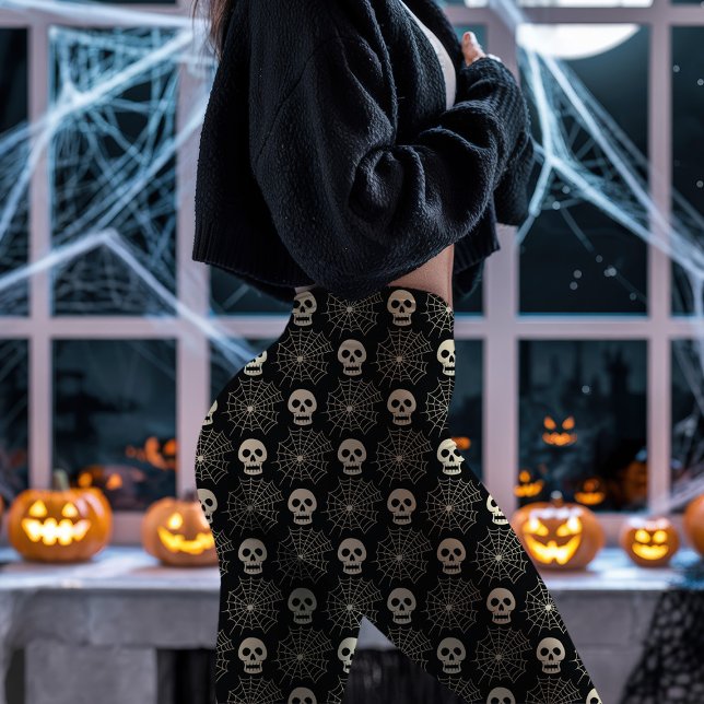 Legging Padrões do crânio e da teia do Halloween preto (Criador carregado)