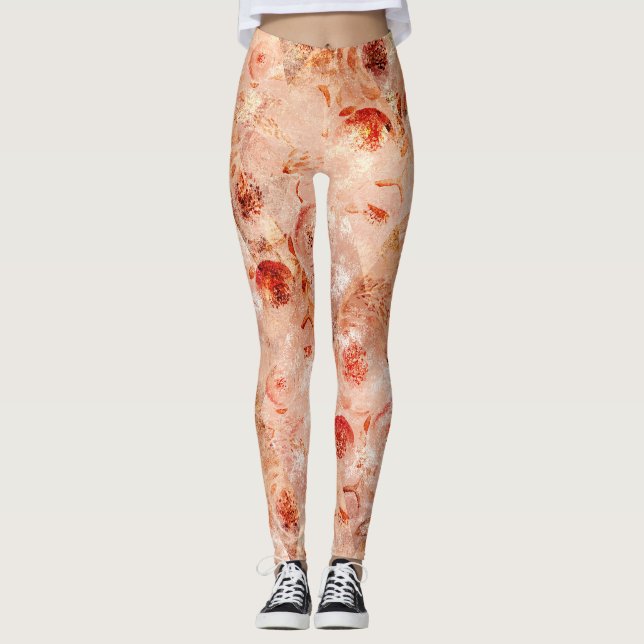 Legging Padrões florais fortes. Fundo de coral. (Frente)
