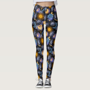 Legging Padrões Mágicos Celestiais Lua Estrelas Sun Black
