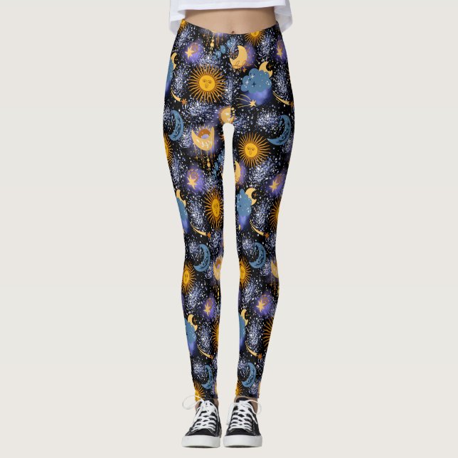 Legging Padrões Mágicos Celestiais Lua Estrelas Sun Black (Frente)