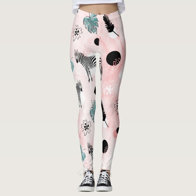 Legging Padrões Tie-Dye das Folhas Tropicais Zebras (Frente)