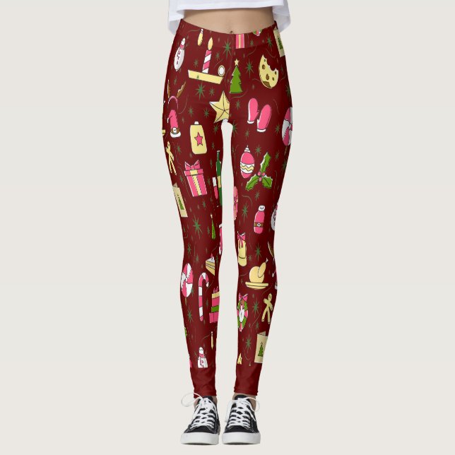 Legging Padrões vermelhos de doce de Natal festivo (Frente)