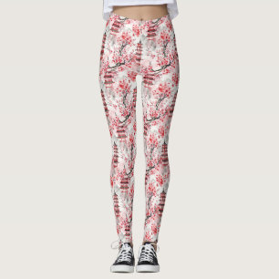 Legging Pagoda Chinesa Aquarela com Blossomas de Cereja (9