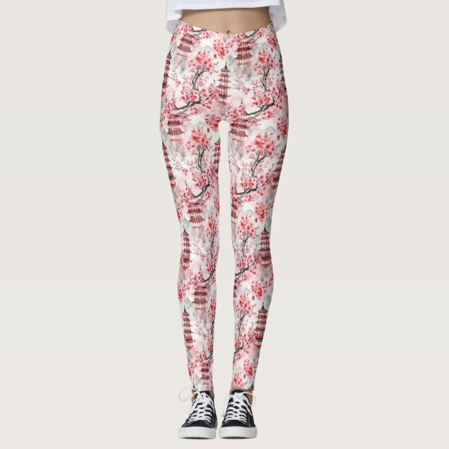 Legging Pagoda Chinesa Aquarela com Blossomas de Cereja (9 (Frente)