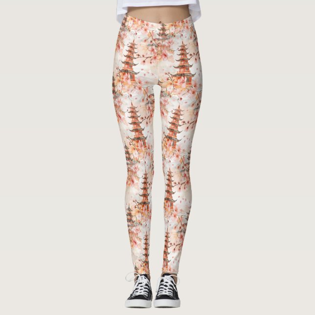 Legging Pagoda Chinesa Aquarela com Flores de Cereja (1) (Frente)