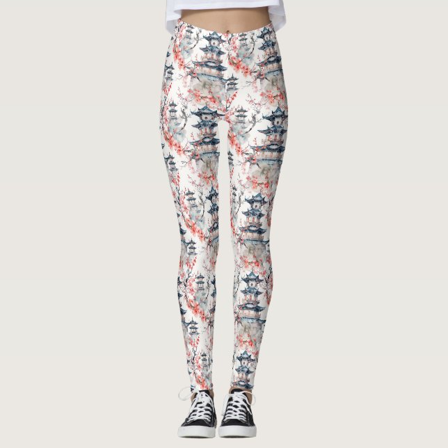 Legging Pagoda Chinesa Aquarela com Flores de Cereja (4) (Frente)