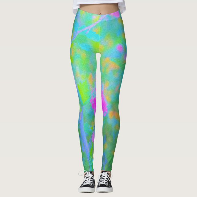 Legging Paisagem Azul Impressionista com Flor Rosa (Frente)