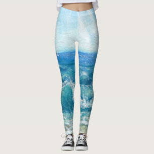 Legging Paisagem de verão, ondas azuis, pintura acrílica.