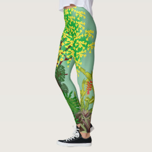 Legging Paisagem do Jardim Tropical Amarelo Verde Vermelho