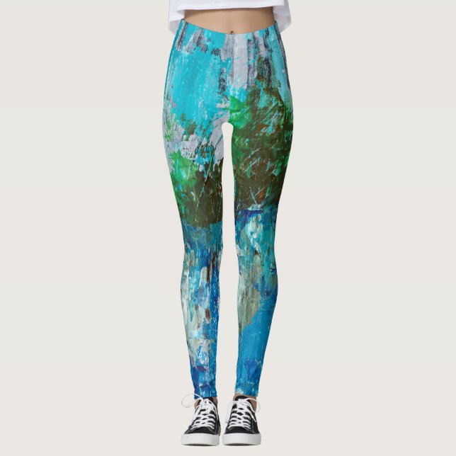 Legging Paisagem Texturizada Azul e Verde Abstrata (Frente)