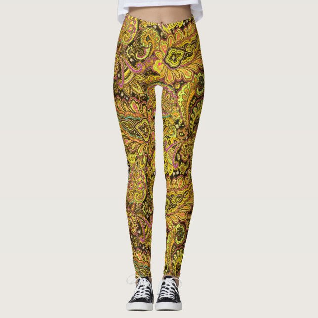 Legging Paisley Motif in Yellow, Brown on Black Background (Frente)
