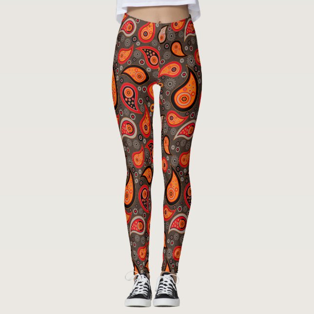 Legging Paisley, padrão vermelho, laranja elegante, calças (Frente)