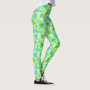 Legging Palma tropical verde-clara e Impressão azul