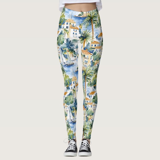 Legging Palmeiras Tropicais da Riviera Francesa (Frente)