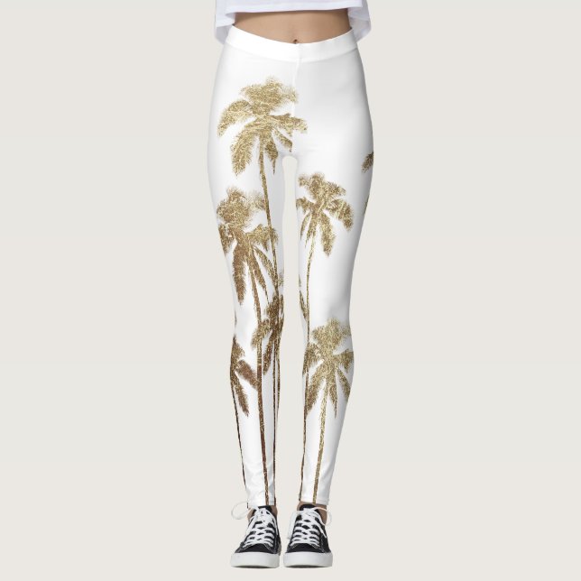 Legging Palmeiras tropicais Dourados glamoroso no branco (Frente)