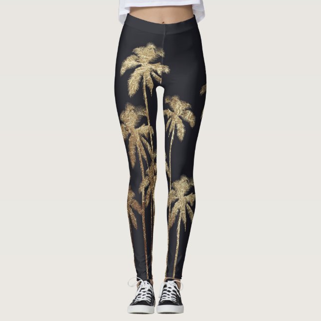 Legging Palmeiras tropicais Dourados glamoroso no preto (Frente)