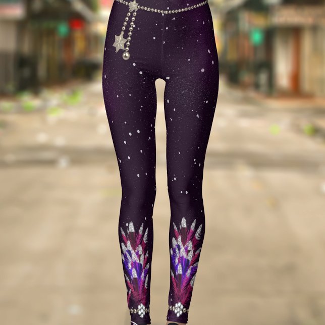 Legging Pancreatilha Roxo-Roxo Mardi Gras (Have fun at the Mardi Gras Carnival in a pair of these faux feather pendant leggings!)