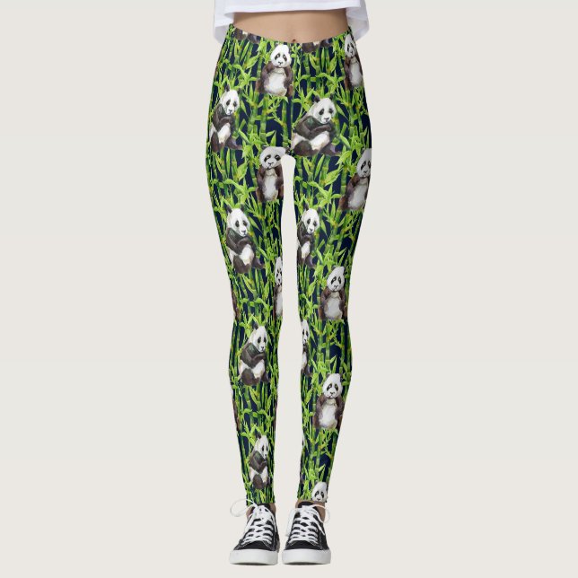 Legging Panda com teste padrão de bambu da aguarela (Frente)
