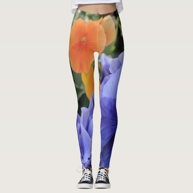 Legging Pansies roxos & alaranjados com a foto floral (Frente)