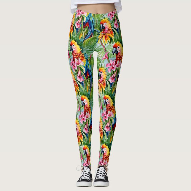 Legging Papagaios de cor clara e flores tropicais (Frente)