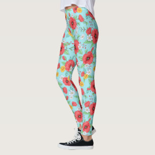 Legging Papagaios vermelhos e margaridas padrão floral mo